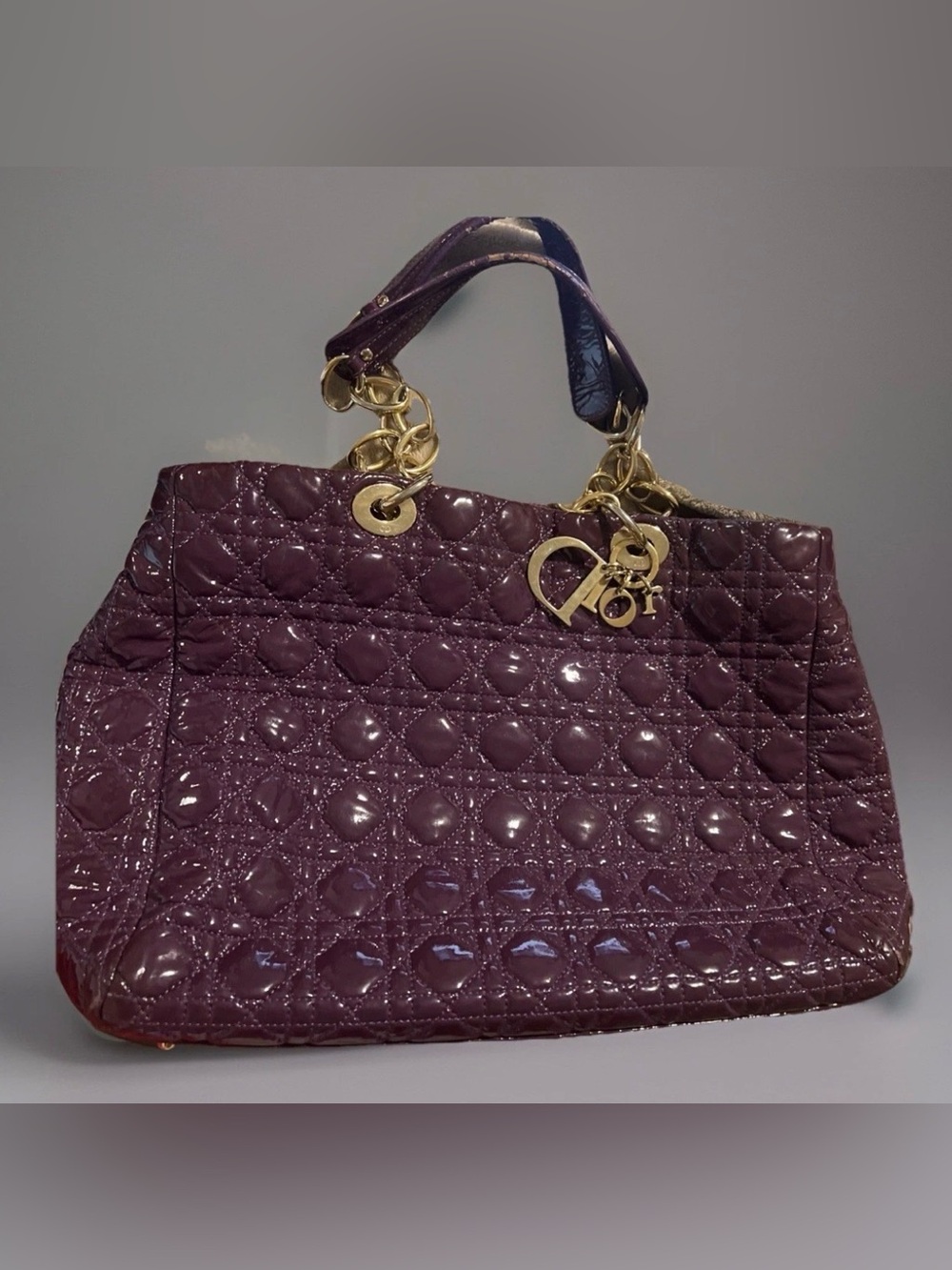 Authentic Dior Soft Lady Dior Large Purple Cannage Patent Leather Shopper Tote